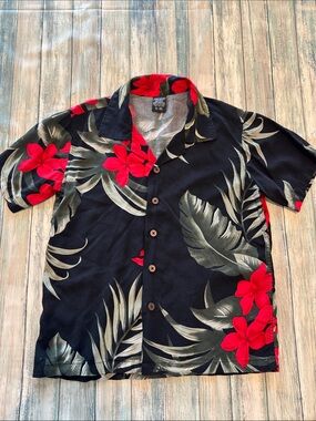 Kids Hawaiian Button-Down Shirt with Red Floral Print (Sz: 8-10)